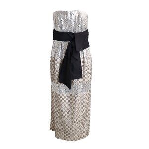 Carolina Herrera Sequin Beaded Strapless Tie-Waist Sheath Dress In Silver Silk